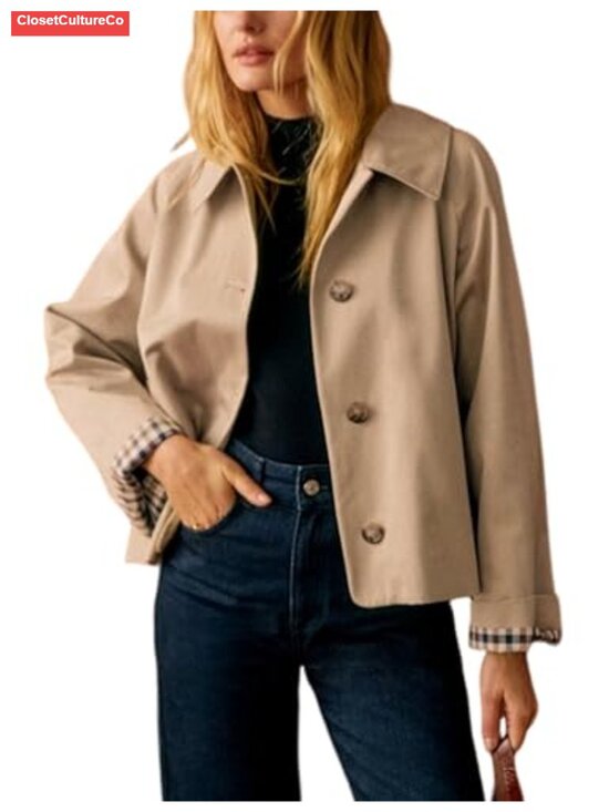 Jackets & Blazers - Oversize Trench Coat Plaid Lining Button Down Crop Jacket